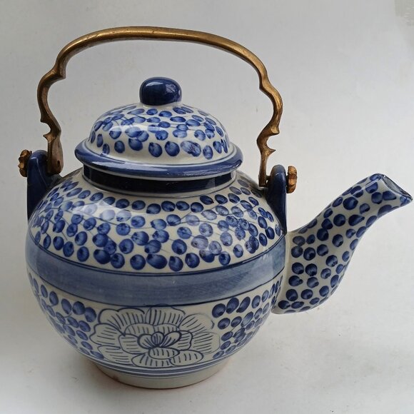 Oriental Style Blue & White Porcelain Teapot With Brass Handle Not Used VTG - Picture 1 of 12